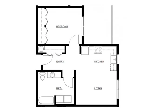 A floor plan of a house with a bedroom, living room, kitchen, and bathroom.